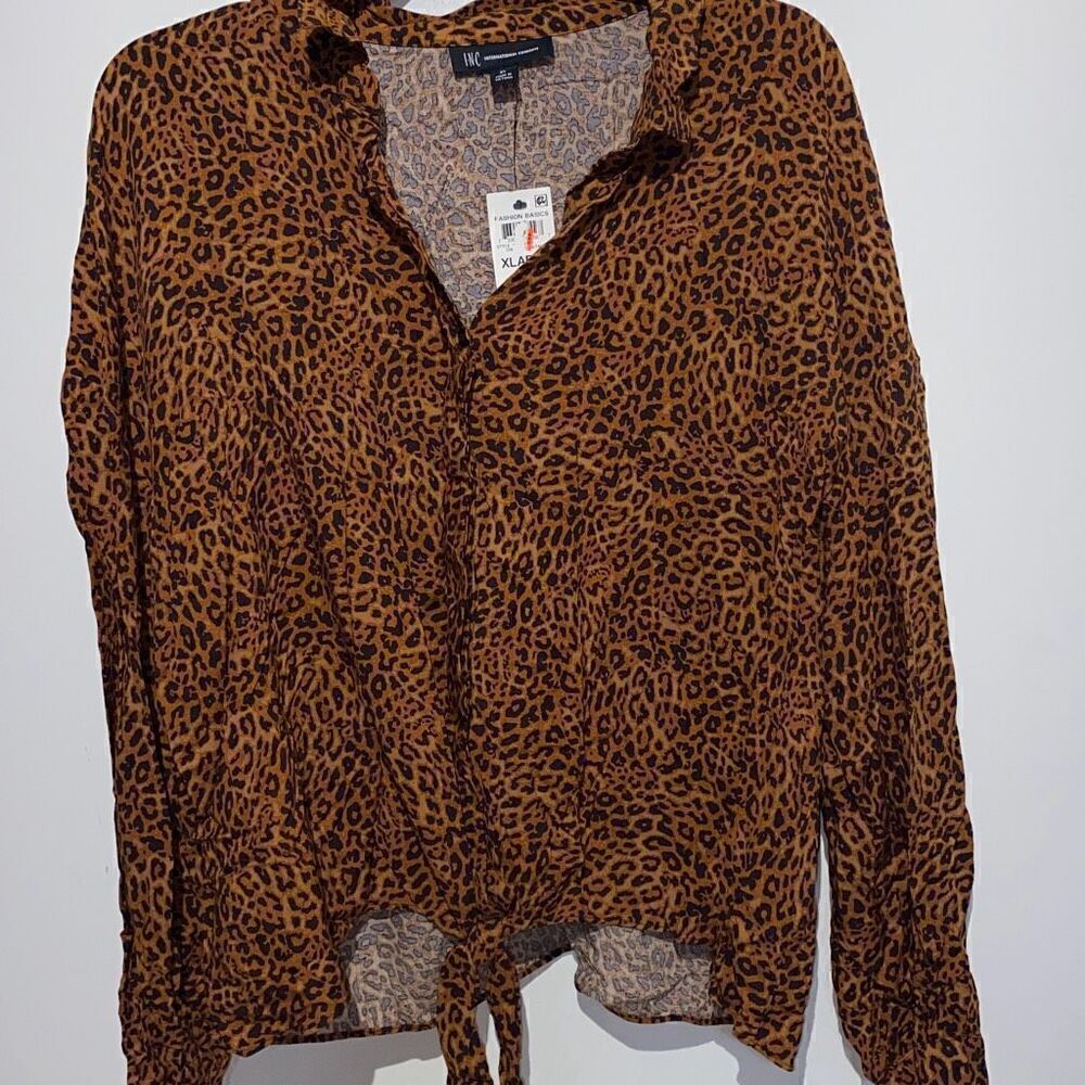 INC International Concepts Women's Yellow Leopard Print Tie Front Blouse XL NWT